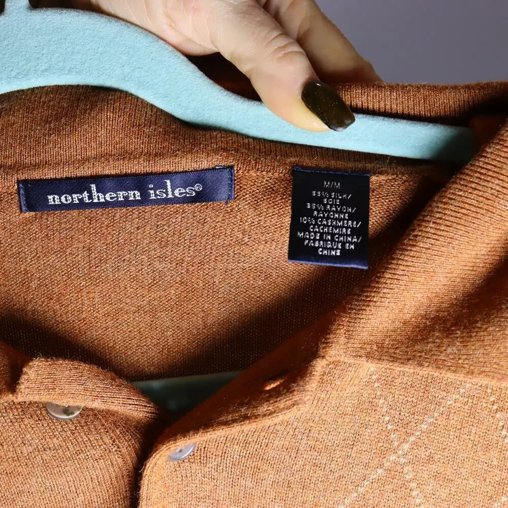 Northern Isles Silk Cashmere‎ Blend Polo Sweater Brown Argyle Men’s Size M